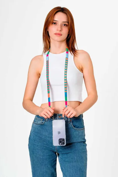 Hippi Raspberry Renkli Örgü Deri Yassı Telefon ve Çanta Askısı - 110 cm