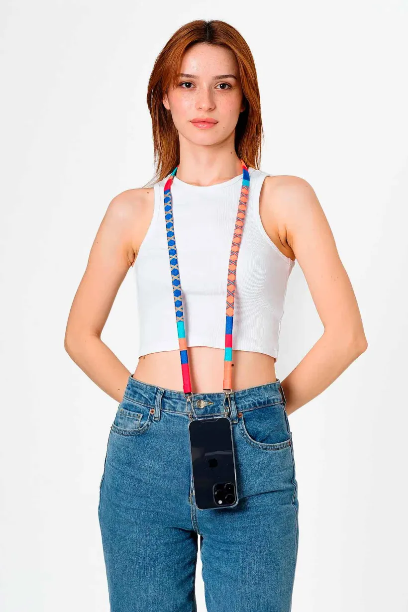 Hippi Pomegranate Renkli Örgü Deri Yassı Telefon ve Çanta Askısı - 110 cm