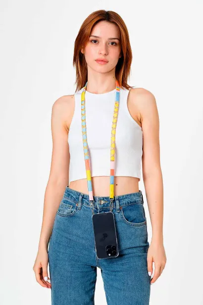 Hippi Strawberry Renkli Örgü Deri Yassı Telefon ve Çanta Askısı - 110 cm