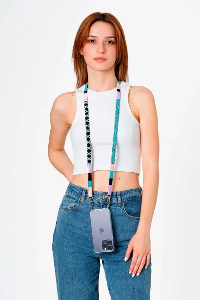 Hippi Waterflower Renkli Örgü Deri Yassı Telefon ve Çanta Askısı  - 110 cm