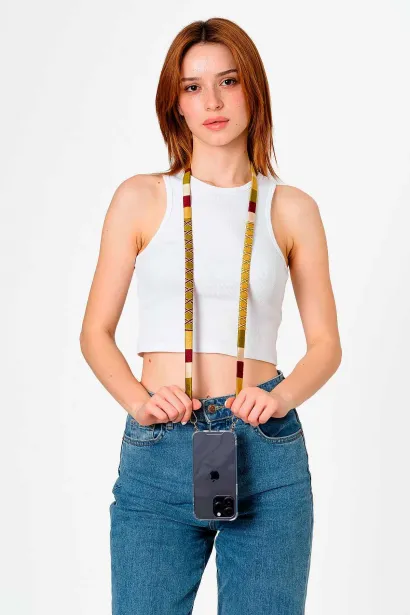 Hippi Mustard El Örgüsü Yassı Telefon ve Çanta Askısı - 110 cm