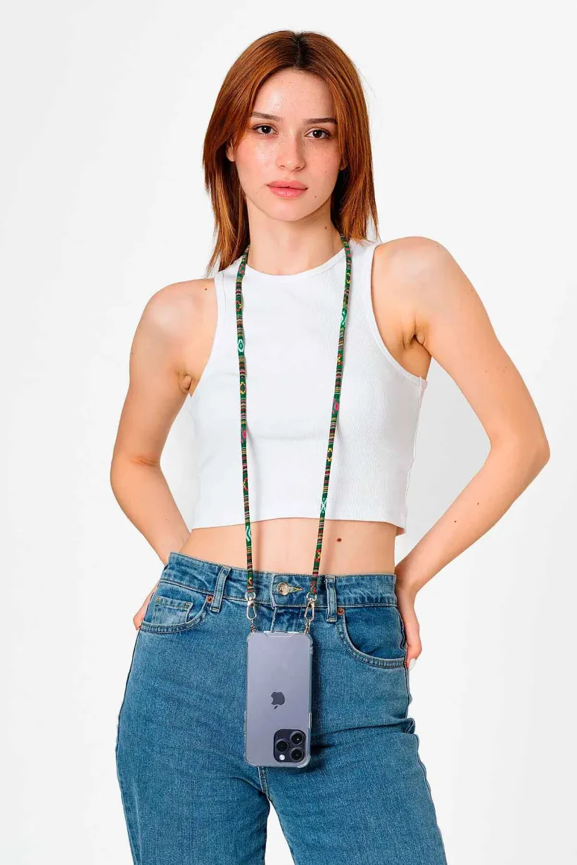 Hippi Forest Renkli İpli Boyun Askılı Kumaş Telefon Askısı - 110 cm